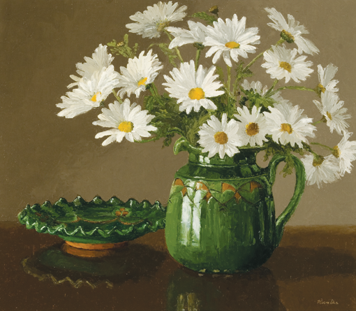 Daisies with Green Glazed Pottery